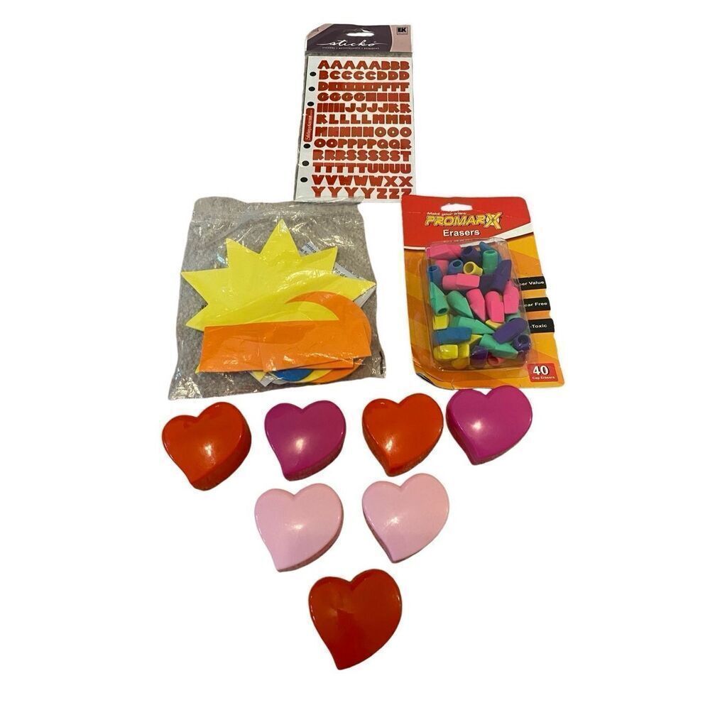 Lot Of 10 Heart Containers Foam Art Alphabet Stickers Erasers